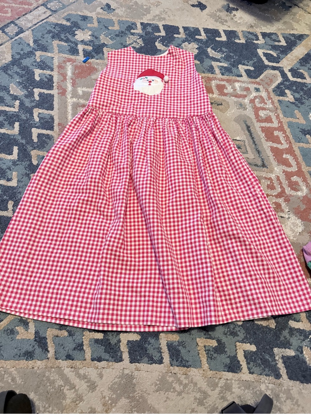 Girls' Red Gingham Holiday Dress with Santa Patch